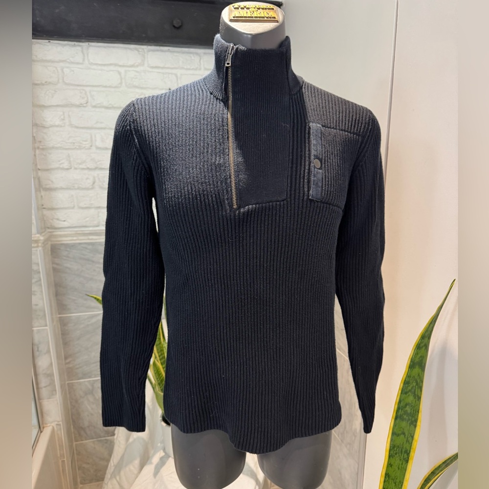 Men's Black Half-Zip Sweater 100% cotton with front pocket .